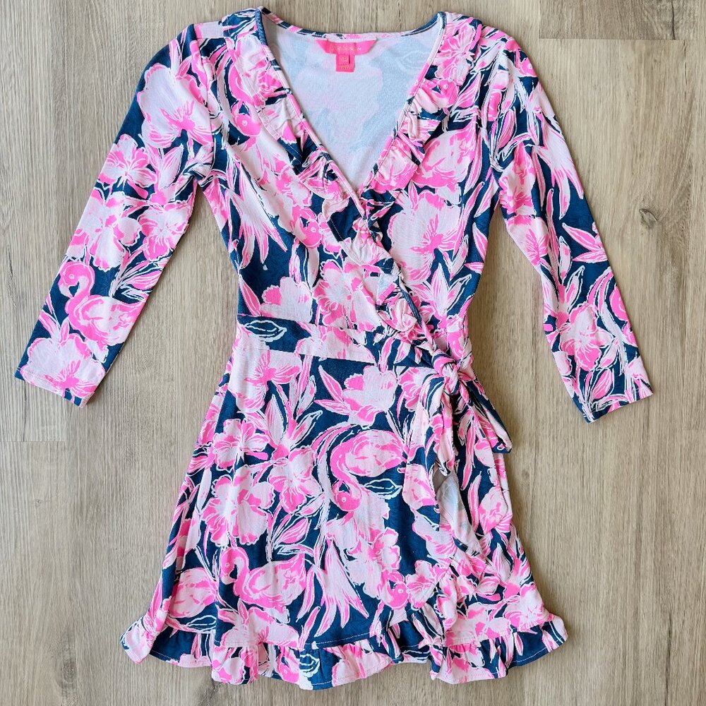 Lilly Pulitzer Jessalynne Wrap Floral Flamingo Print ROMPER XXS